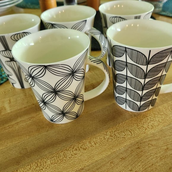 5 Coffee Mugs Black and White Modern Graphic Design 10 oz Kitchen Details - Picture 7 of 8